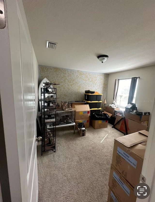 carpeted living room featuring a textured ceiling