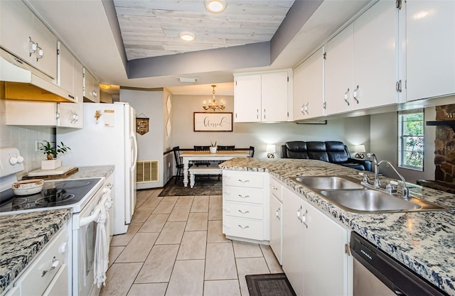 kitchen with wooden ceiling, dishwasher, light tile patterned floors, electric range, and sink