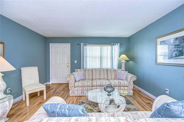 living room featuring a textured ceiling and wood-type flooring