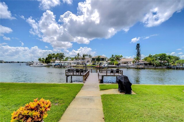 dock area with a water view and a lawn