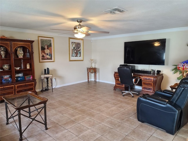 living room with ceiling fan, ornamental molding, a textured ceiling, and light tile patterned flooring