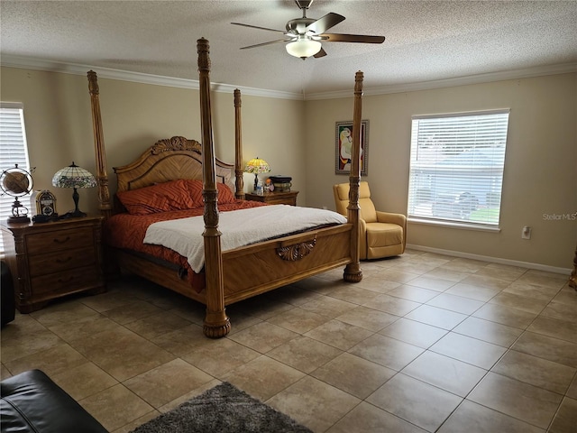 bedroom featuring crown molding, a textured ceiling, light tile patterned floors, and ceiling fan