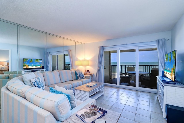 living area featuring light tile patterned flooring