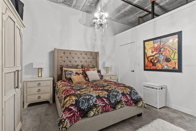 bedroom featuring a notable chandelier