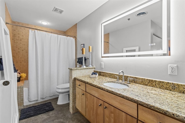 full bathroom with toilet, vanity, and shower / tub combo with curtain