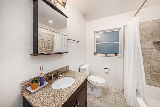 full bathroom with toilet, shower / bath combination with curtain, vanity, and baseboards