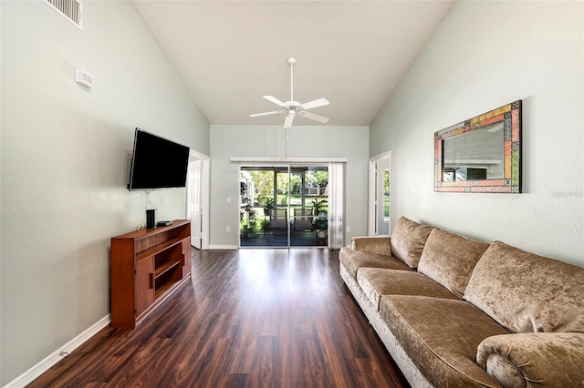 living room with high vaulted ceiling, ceiling fan, and dark hardwood / wood-style floors