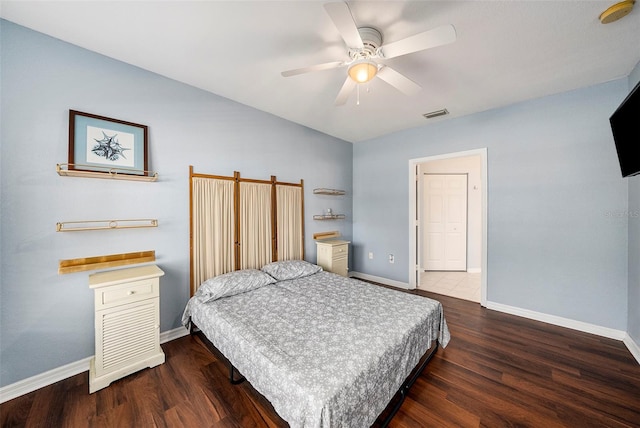 bedroom with ceiling fan and dark hardwood / wood-style flooring