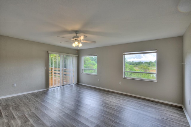 empty room featuring ceiling fan, a wealth of natural light, and hardwood / wood-style flooring