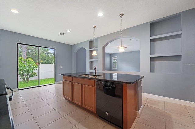 kitchen featuring dishwasher, built in shelves, sink, an island with sink, and light tile patterned flooring