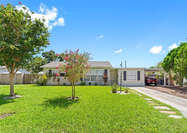 ranch-style house with an attached carport, fence, and a front lawn