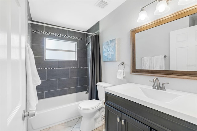 full bathroom featuring shower / bath combination with curtain, vanity, tile patterned flooring, and toilet