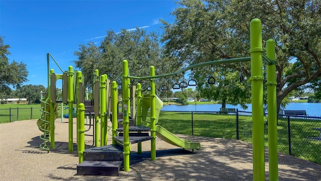 view of play area with a water view