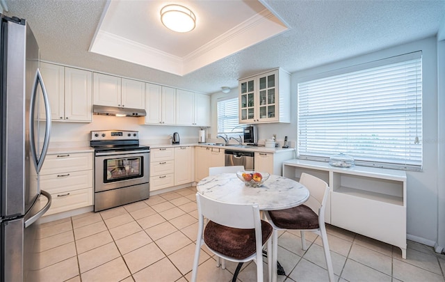 kitchen with ornamental molding, light tile patterned floors, stainless steel appliances, a tray ceiling, and white cabinets