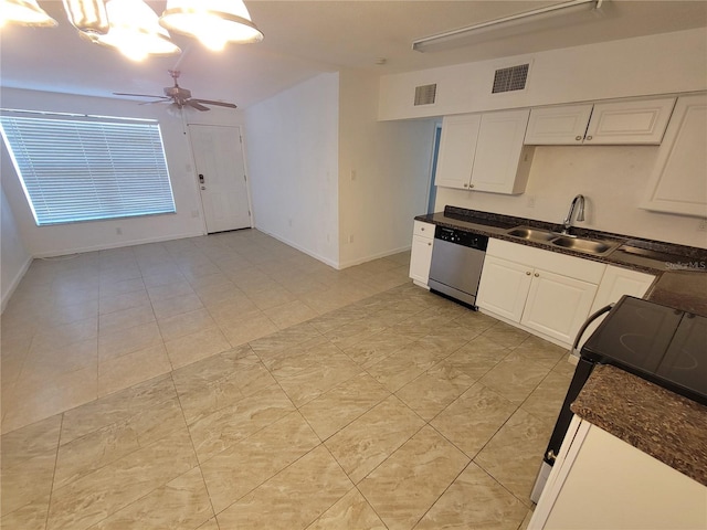 kitchen featuring dark countertops, visible vents, white cabinets, a sink, and dishwasher