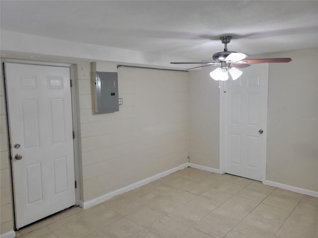 unfurnished room featuring ceiling fan, electric panel, and baseboards