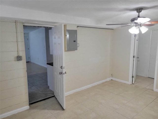 spare room with electric panel and a ceiling fan