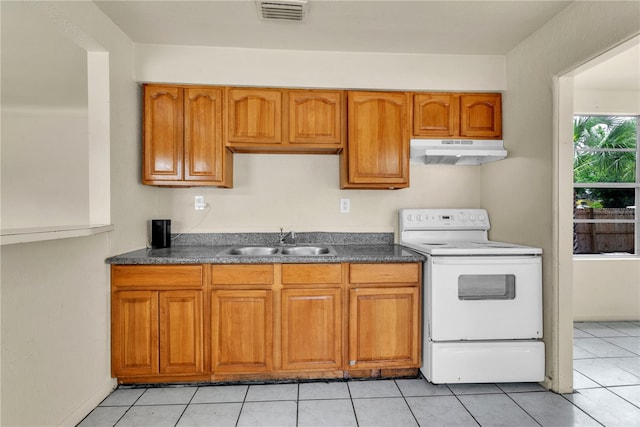 kitchen featuring sink, white range with electric cooktop, and light tile patterned flooring