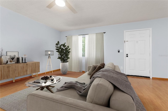 living room featuring wood-type flooring, a textured ceiling, and ceiling fan