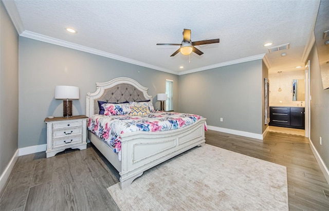 bedroom with crown molding, dark hardwood / wood-style flooring, ceiling fan, and a textured ceiling