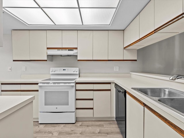 kitchen with black dishwasher, white electric stove, light wood-type flooring, under cabinet range hood, and a sink