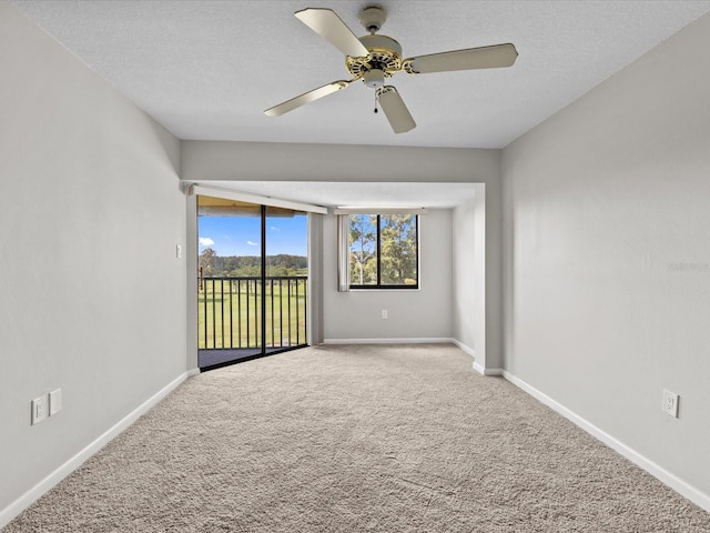 spare room with carpet flooring, a textured ceiling, and baseboards