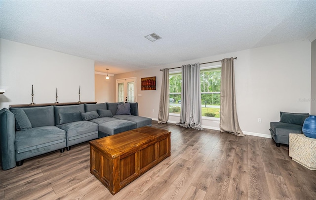 living room with a textured ceiling and hardwood / wood-style floors