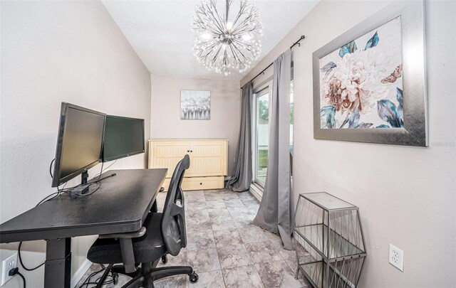 tiled office with an inviting chandelier