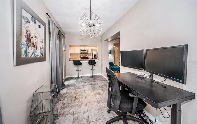 tiled office space featuring a notable chandelier