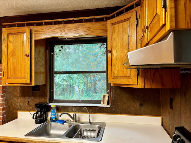 kitchen featuring a textured ceiling, wood walls, and sink