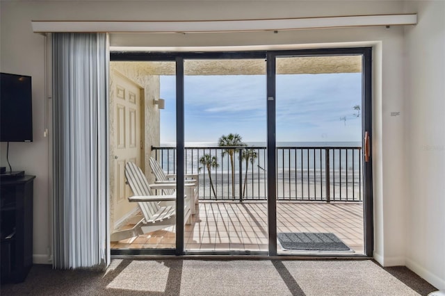 14950 Gulf Blvd Unit 404, Madeira Beach, FL 33708 - entryway featuring a water view, carpet floors, and baseboards