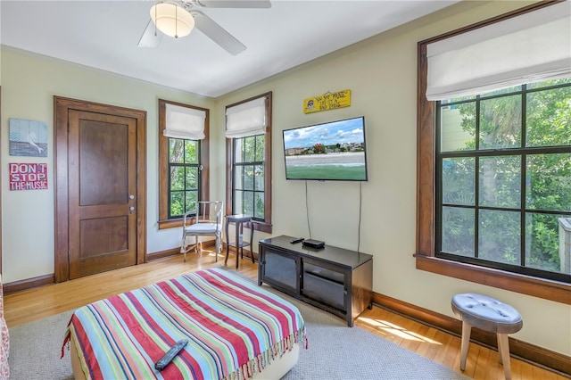 bedroom with multiple windows, light hardwood / wood-style flooring, and ceiling fan