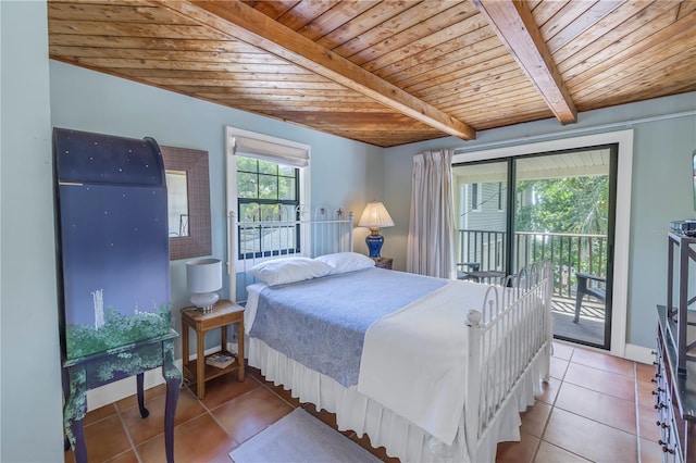 tiled bedroom with wood ceiling, beamed ceiling, multiple windows, and access to outside