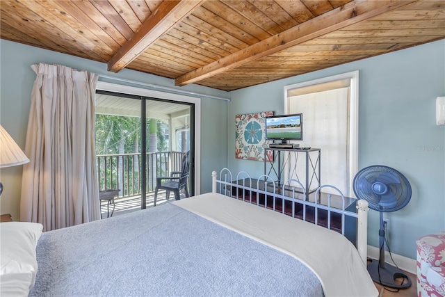 bedroom featuring wooden ceiling, access to outside, and beam ceiling