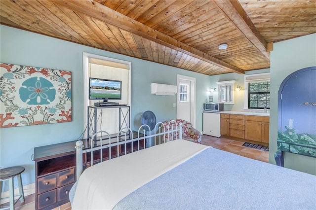 tiled bedroom featuring wood ceiling, beam ceiling, a wall mounted air conditioner, and sink