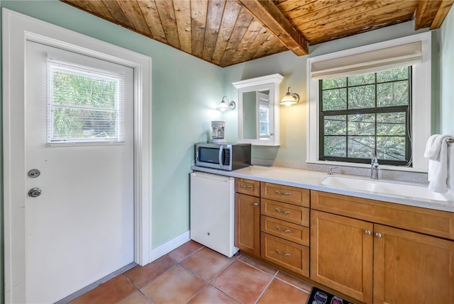 bathroom featuring wooden ceiling, vanity, beamed ceiling, and tile patterned floors