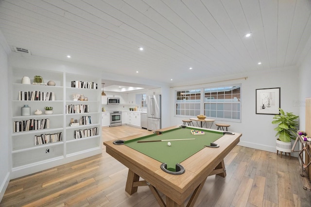 playroom featuring light wood-type flooring, built in features, pool table, and wood ceiling