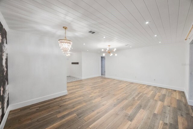 unfurnished room featuring a notable chandelier, wood-type flooring, and wooden ceiling