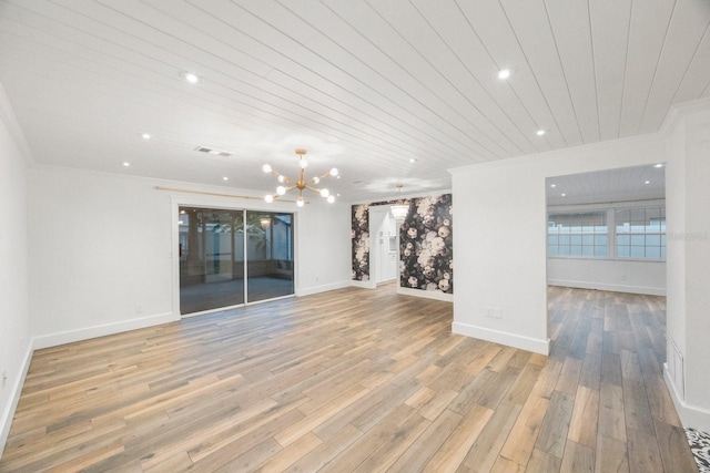 unfurnished living room with crown molding, wood ceiling, a chandelier, and light hardwood / wood-style floors