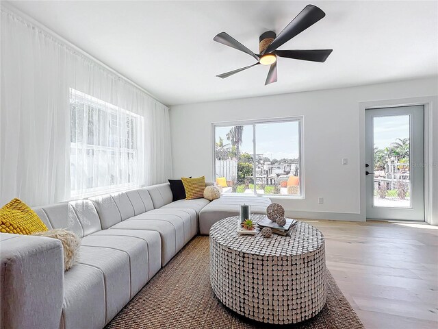 living room featuring ceiling fan and hardwood / wood-style floors