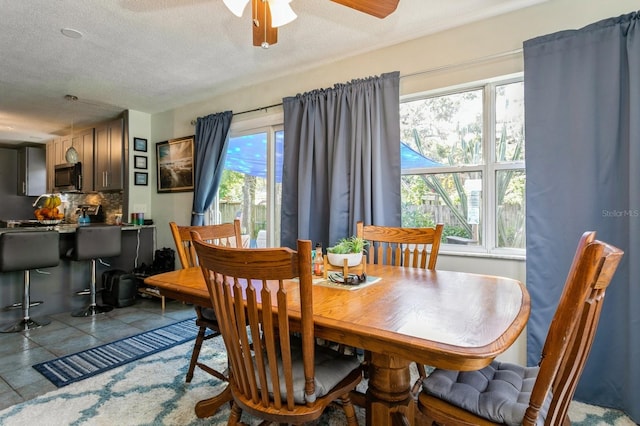 dining space with a textured ceiling, ceiling fan, and plenty of natural light