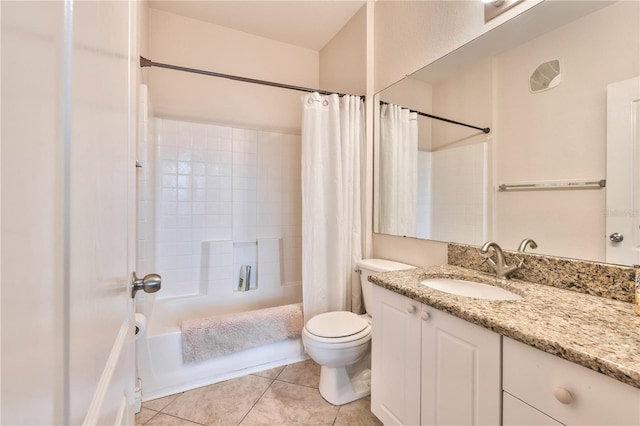 full bathroom featuring shower / bathtub combination with curtain, tile patterned flooring, toilet, and vanity