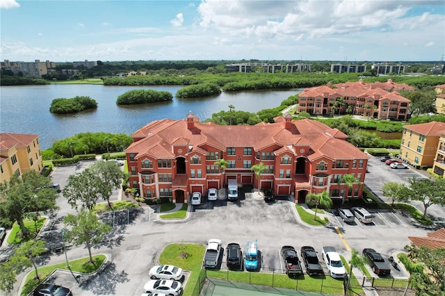 bird's eye view with a water view