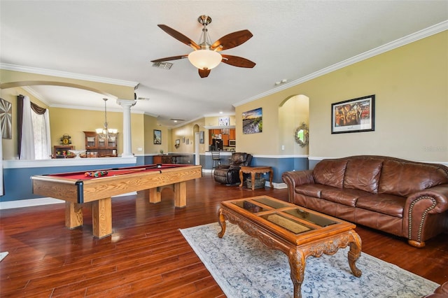 game room with billiards, visible vents, a ceiling fan, ornamental molding, and wood finished floors