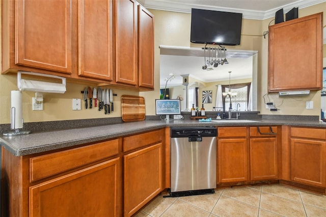 kitchen featuring crown molding, light tile patterned floors, dark countertops, a sink, and dishwasher