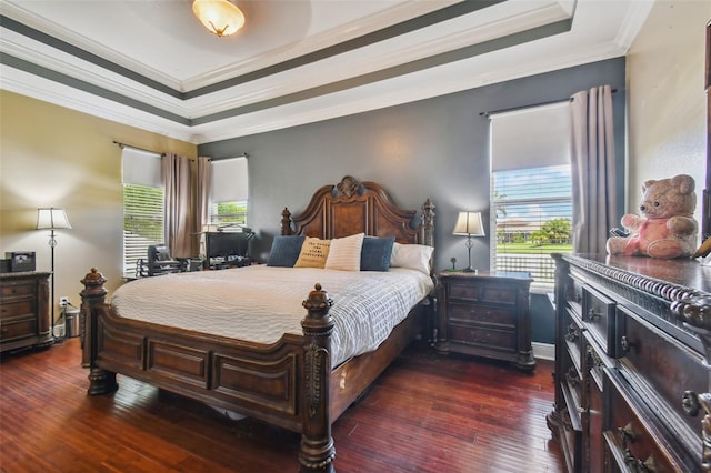 bedroom featuring ornamental molding, a tray ceiling, dark wood-style flooring, and baseboards