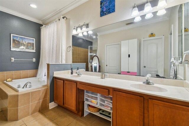 full bathroom featuring a relaxing tiled tub, ornamental molding, a sink, tiled shower, and tile patterned floors