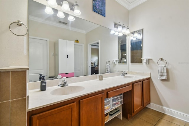 full bathroom featuring tile patterned flooring, ornamental molding, and a sink