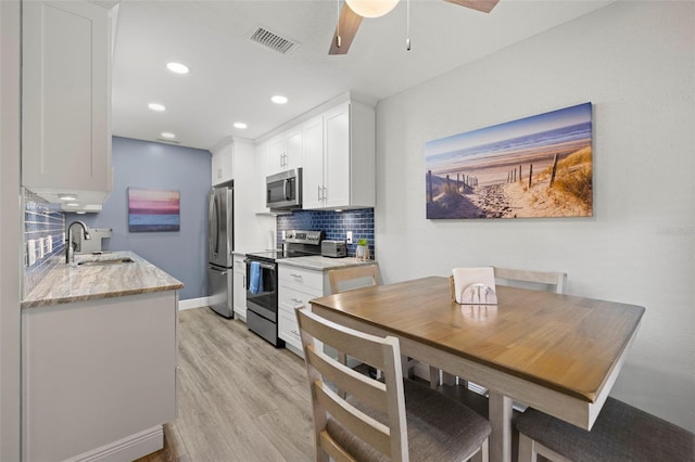 kitchen with backsplash, stainless steel appliances, ceiling fan, white cabinets, and light hardwood / wood-style floors