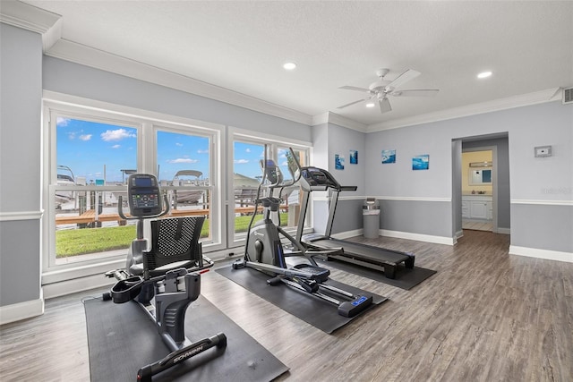 exercise room with ceiling fan, hardwood / wood-style flooring, a textured ceiling, and ornamental molding